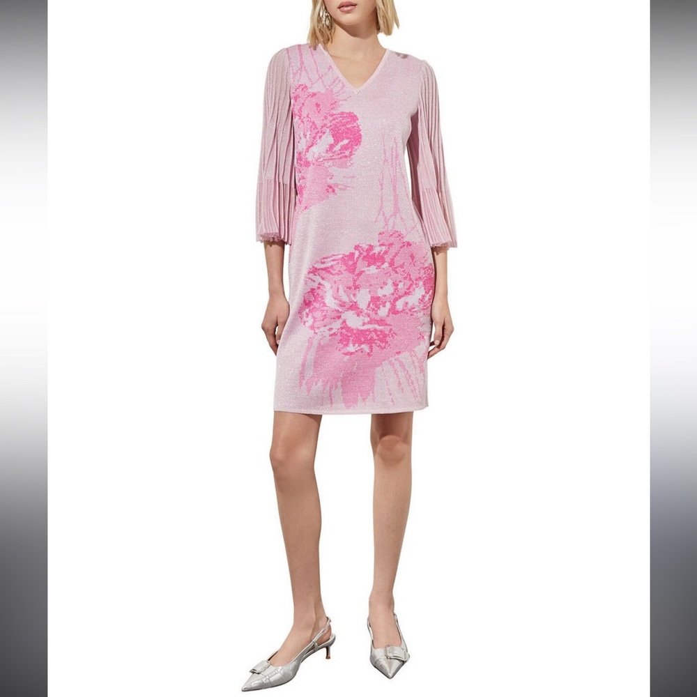 Ming Wang Knit Floral Print V-Neck 3/4 Pleated Bell Sleeves A-Line Dress Size S